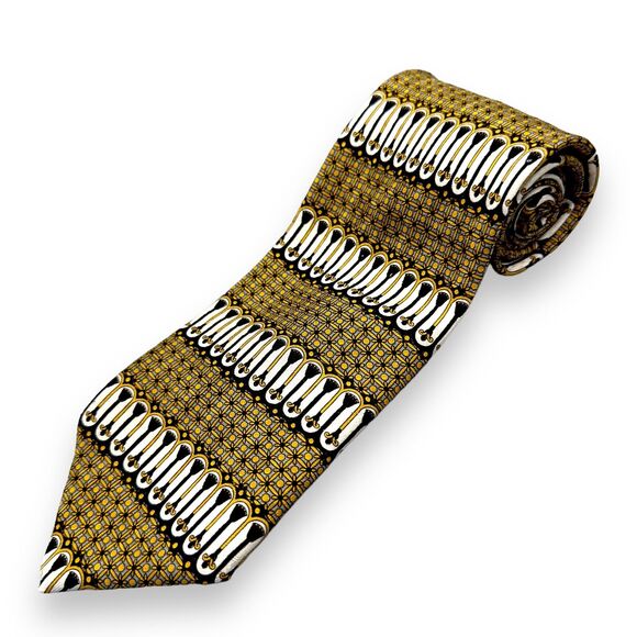 Designer Mens 100% Silk Dress Tie Made in Italy Gold Geometric Print 58" 3.75" - Picture 1 of 9